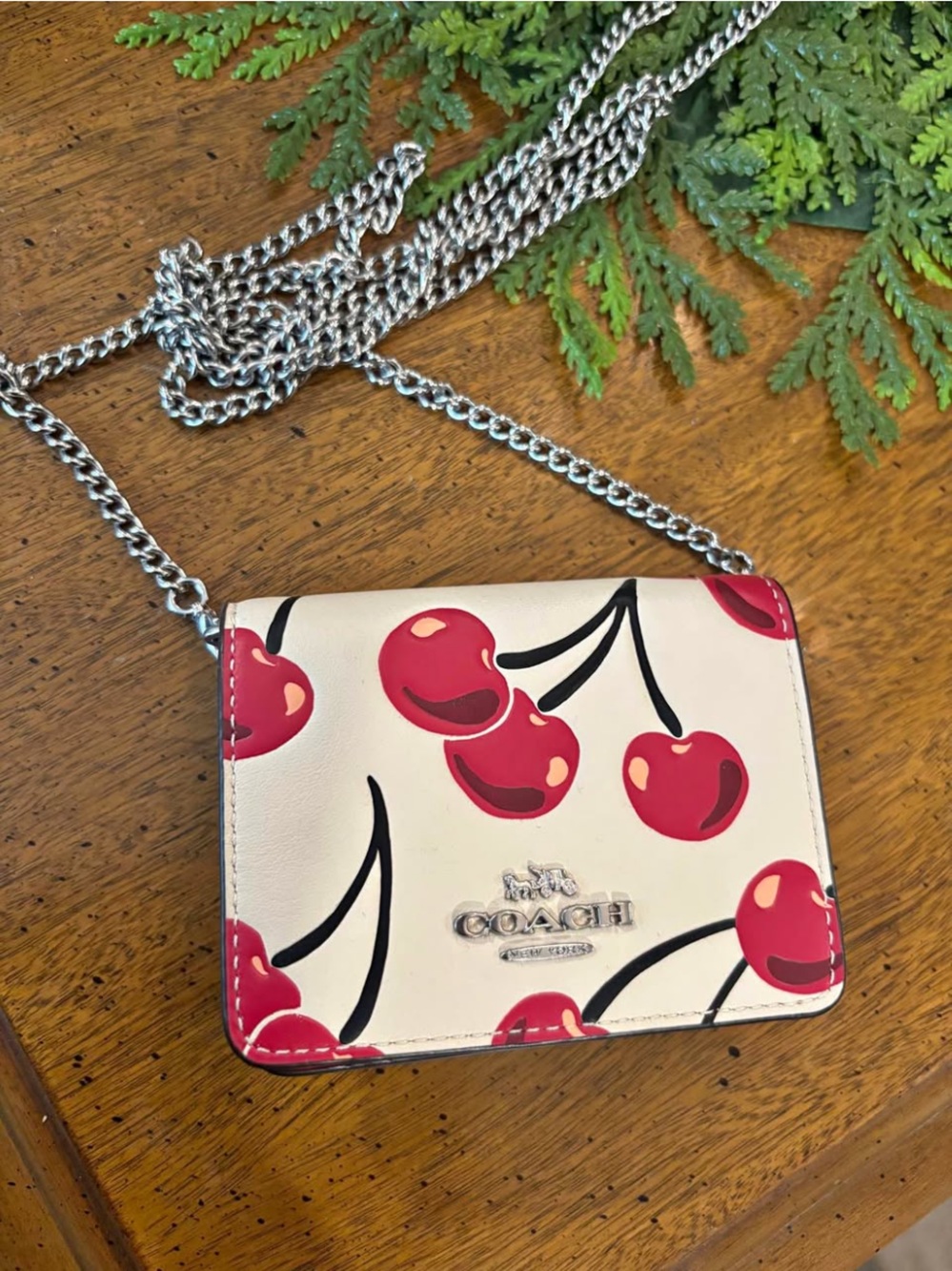 Coach Cherry Print Crossbody Wallet - Cream & Red with Silver Chain
